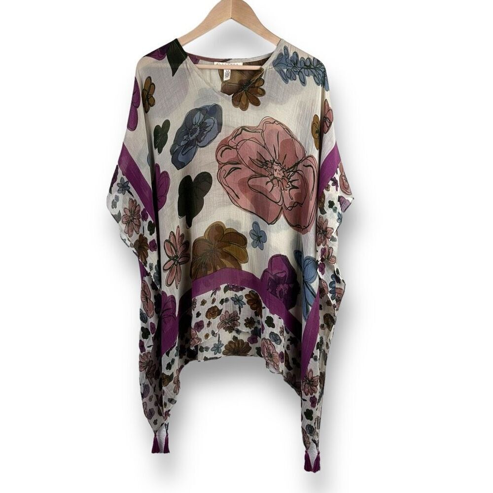 Quagaga Green Label‎ Women's OS Floral Sheer Poncho Drape Lagenlook Boho Tassle